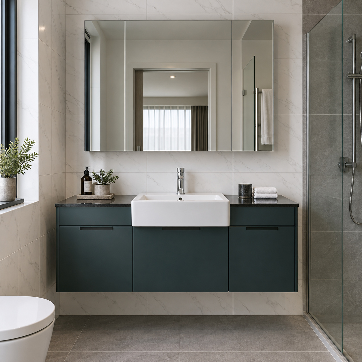 Tủ lavabo màu xanh với chậu và gương