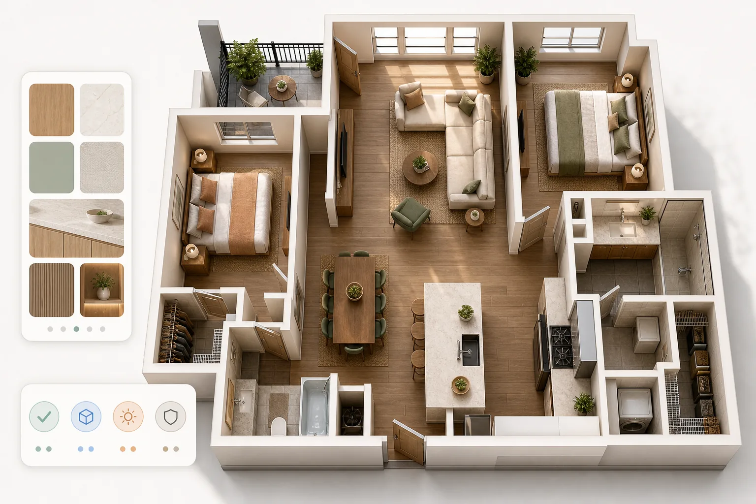 Cùng mặt bằng 3D đã bài trí đồ nội thất đó được nâng cấp với vật liệu, ánh sáng và cách bài trí phong phú hơn.