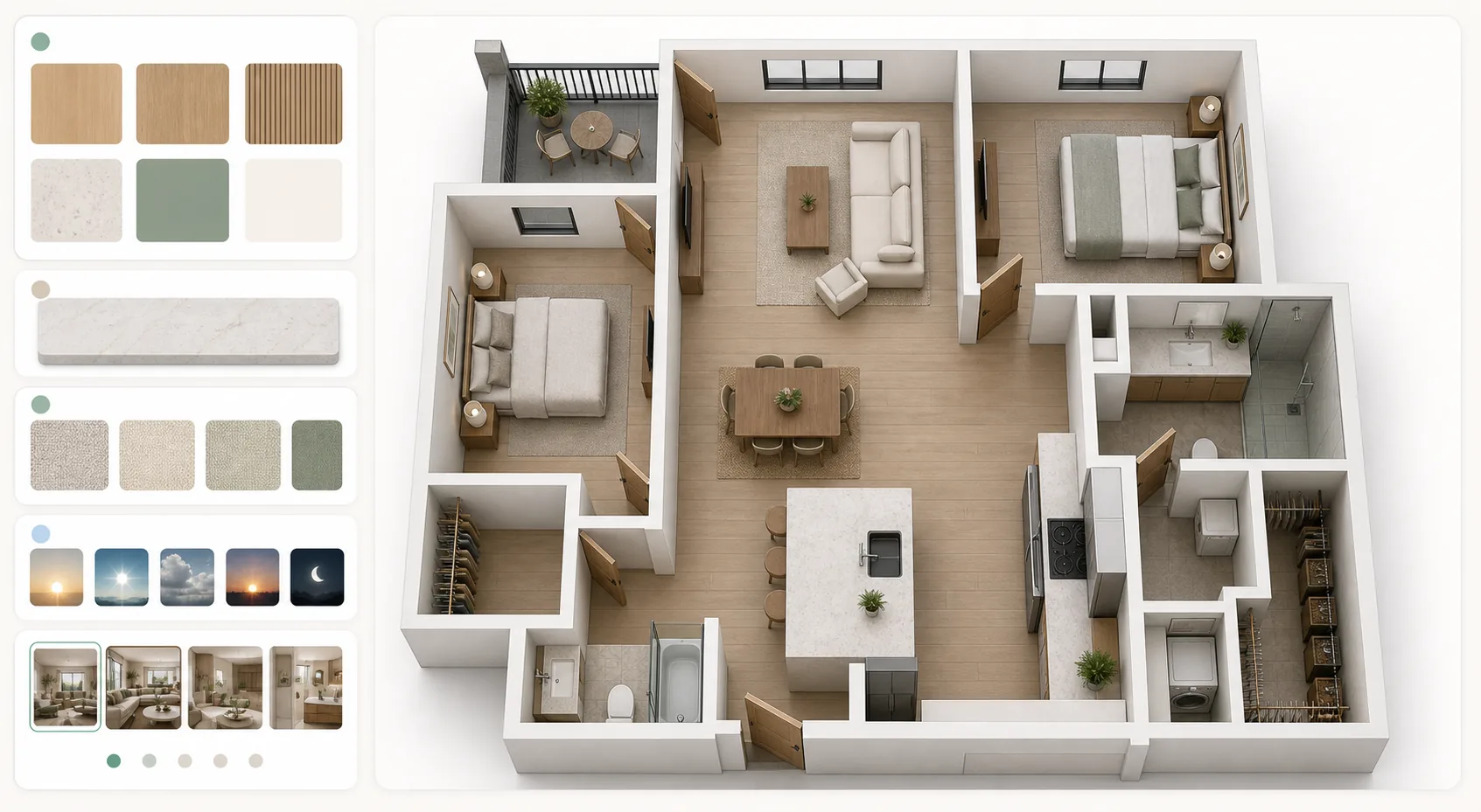 Một ảnh render mặt bằng 3D cơ bản đã bài trí đồ nội thất, kèm định hướng về vật liệu, ánh sáng và điểm nhấn.