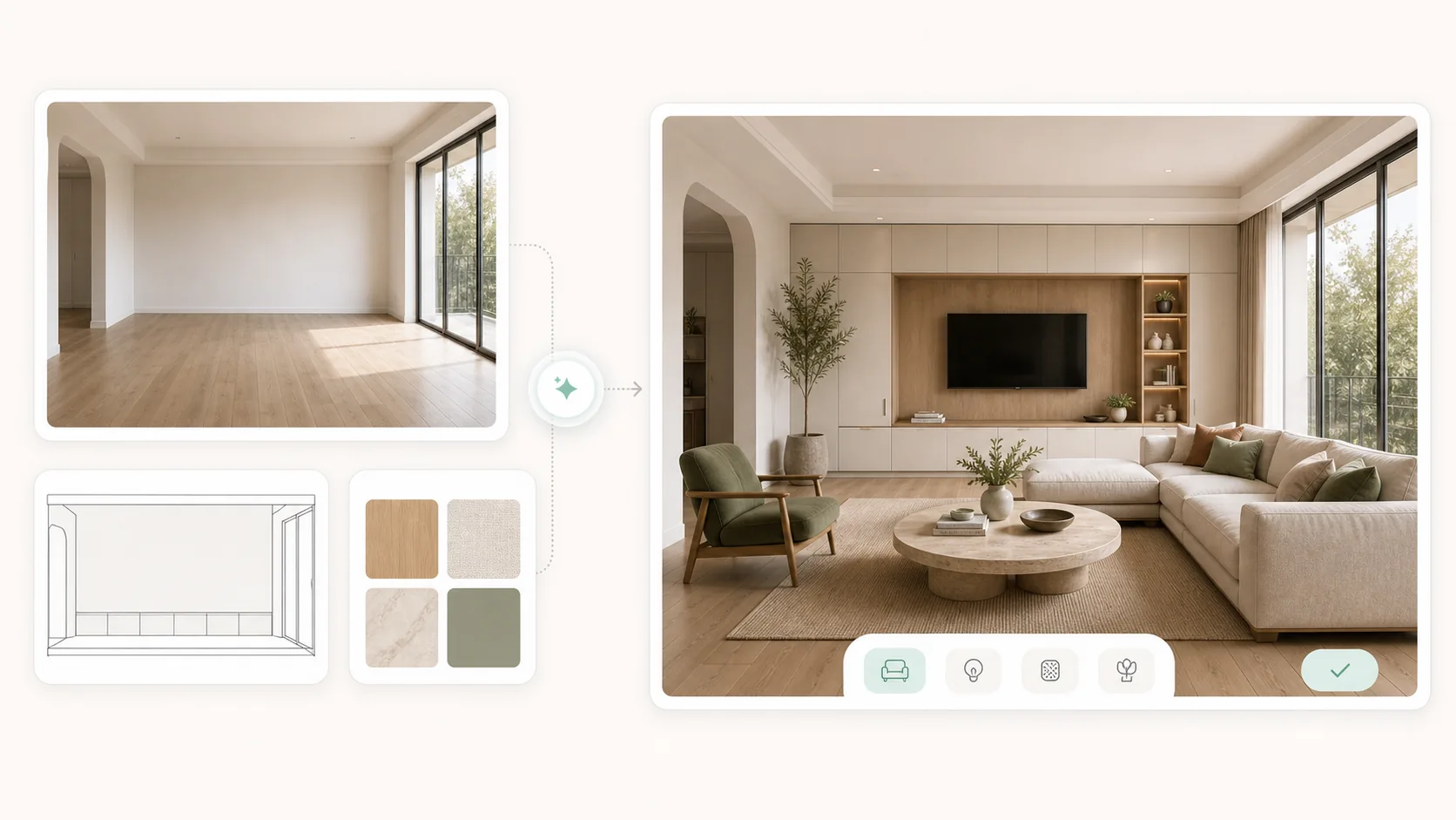 Hình minh họa các tham chiếu gốc bên cạnh một concept căn phòng
