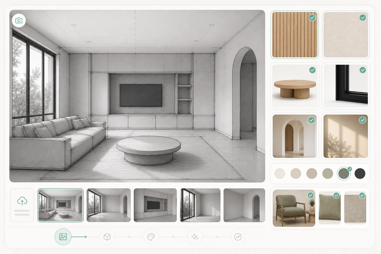 Bản phác thảo phòng khách sơ bộ và ảnh render chưa hoàn thiện, kèm các thẻ định hướng vật liệu và không khí.