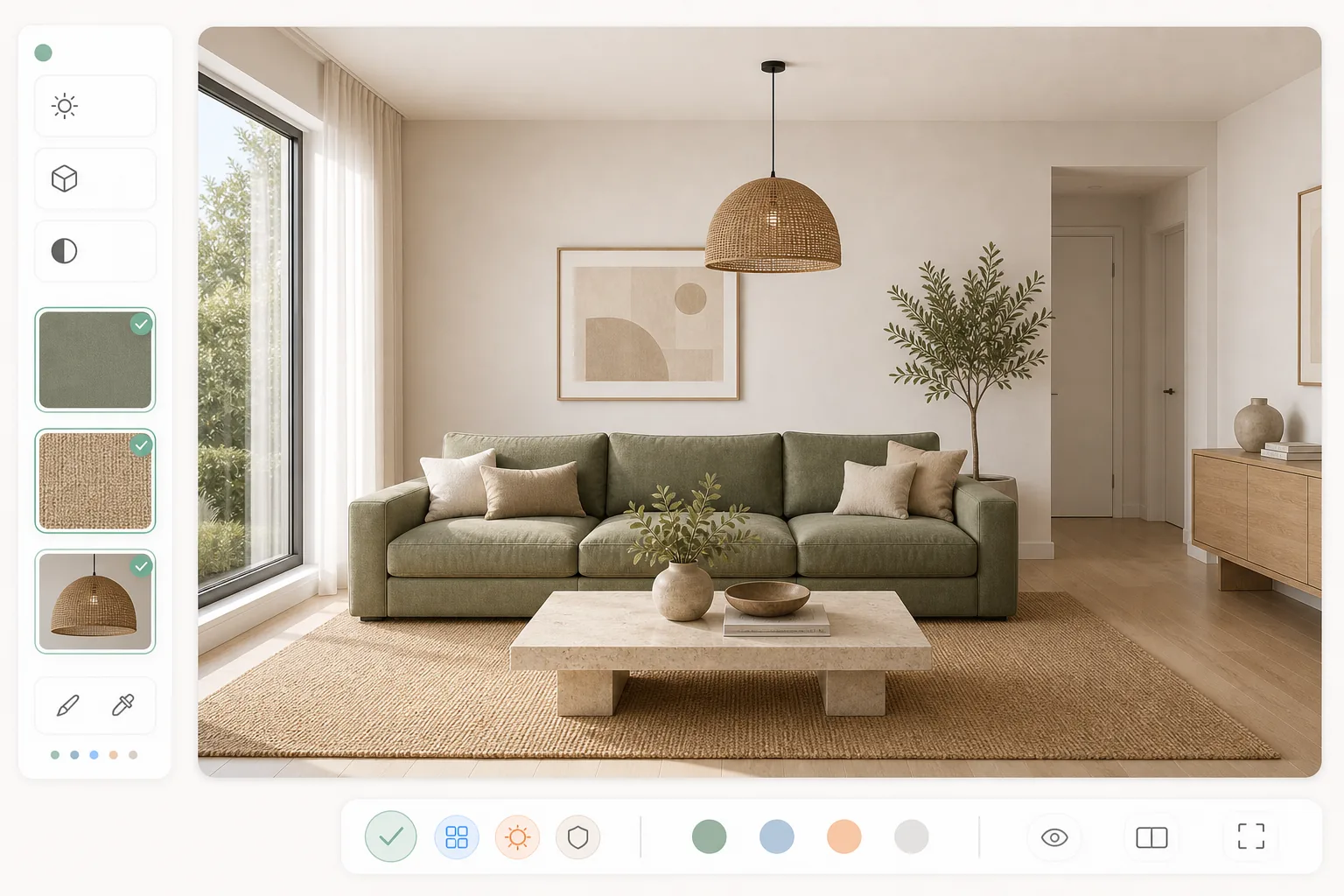 Hình ảnh phòng khách đã chỉnh sửa, chỉ áp dụng các thay đổi đã đánh dấu cho sofa, thảm và đèn thả.