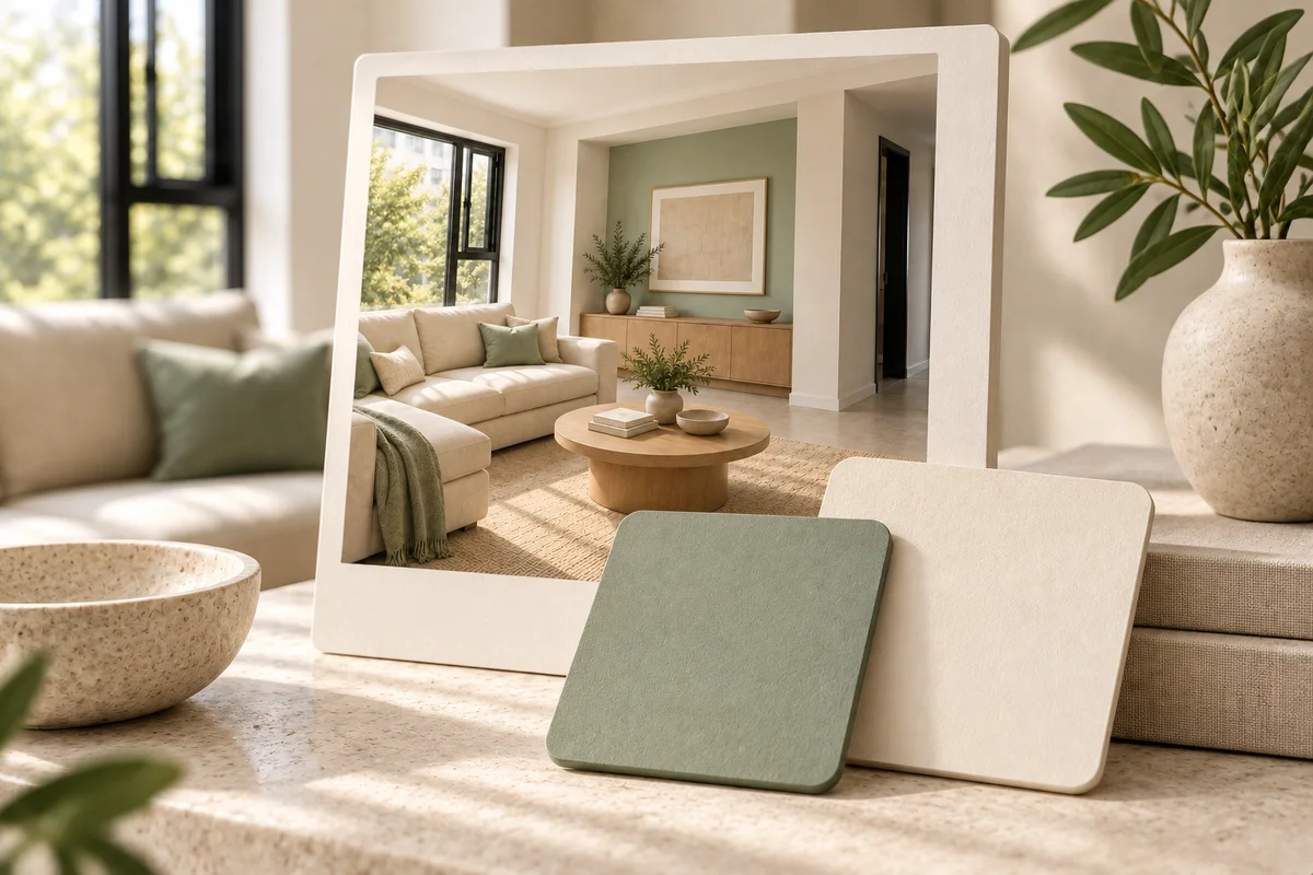 Minh họa concept căn phòng có tường màu xanh sage phía sau các mẫu vật liệu thực tế màu xanh sage và trắng ngà để kiểm tra.