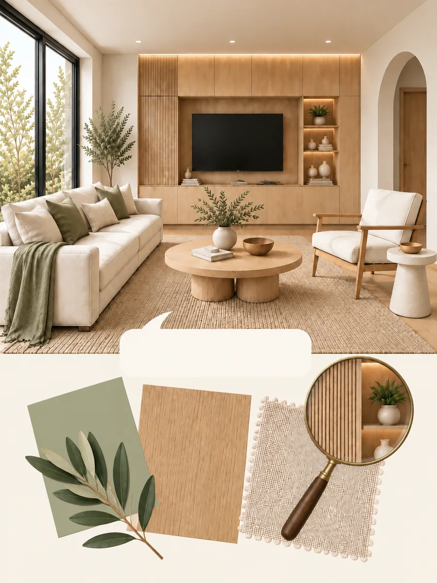 Minh họa cùng căn phòng đó dưới dạng concept đã bố trí nội thất, với các tham chiếu vật liệu và góp ý được kết nối, cùng một kính lúp để người làm nghề xem xét.