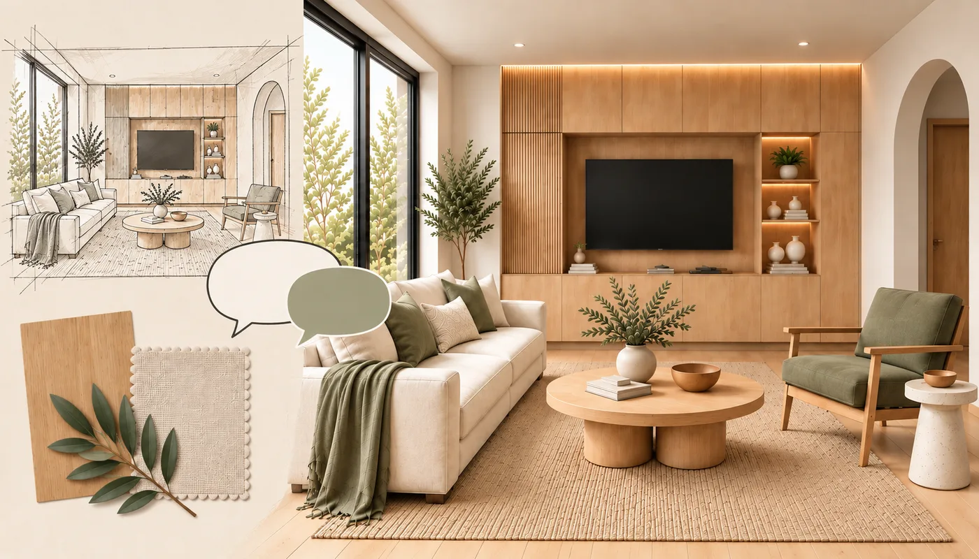 Minh họa bản phác thảo căn phòng và các tham chiếu vật liệu được phát triển qua trò chuyện thành một hướng thiết kế khả dĩ cho căn phòng.