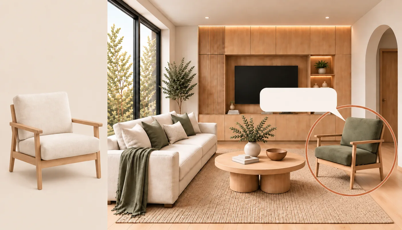 Minh họa một chiếc ghế bành cụ thể được đánh dấu để trao đổi, bên cạnh tham chiếu ghế thay thế.