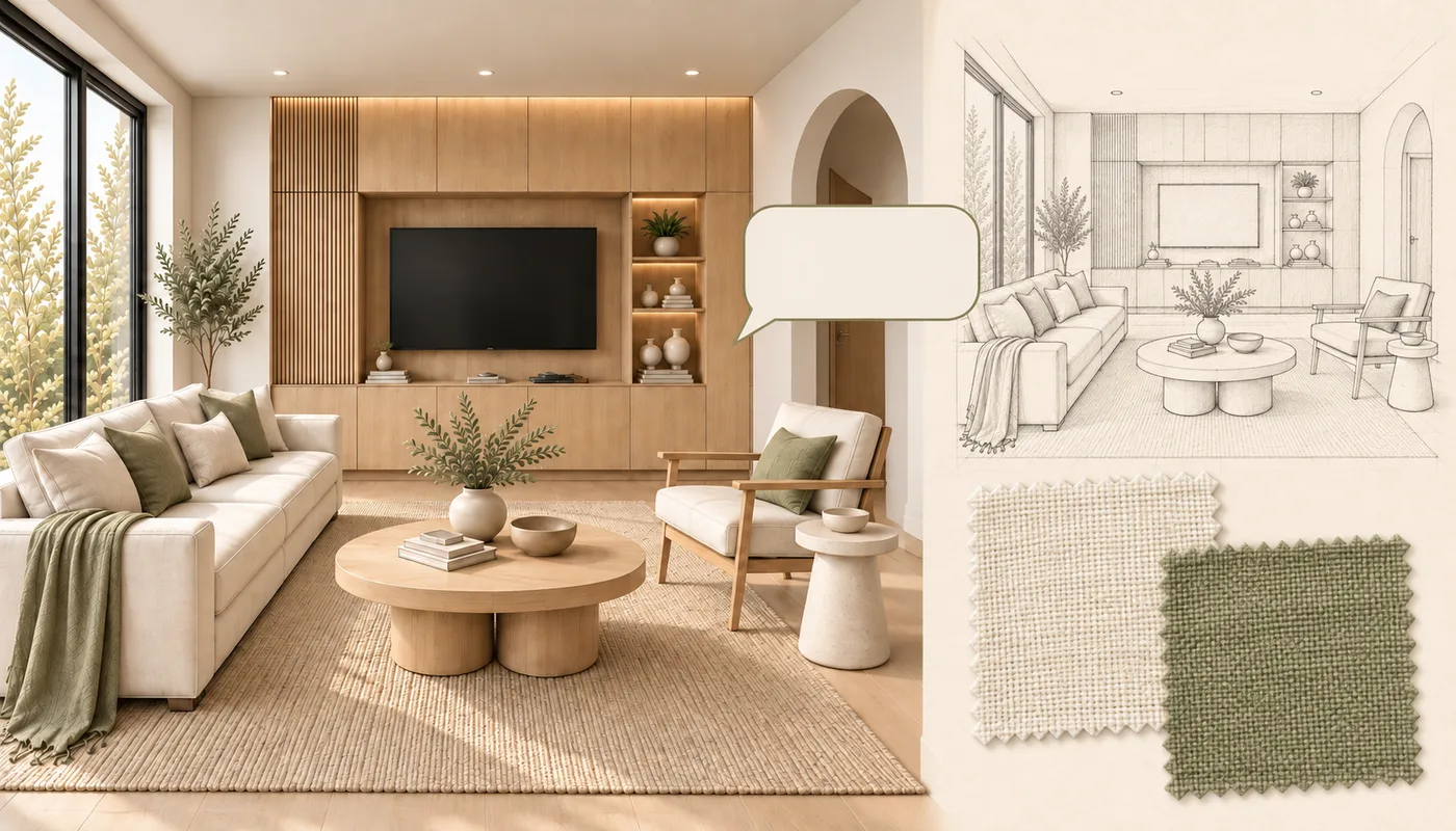 Minh họa một hướng thiết kế căn phòng được liên kết với bản phác thảo ban đầu, các phương án vải thay thế và góp ý của khách hàng.