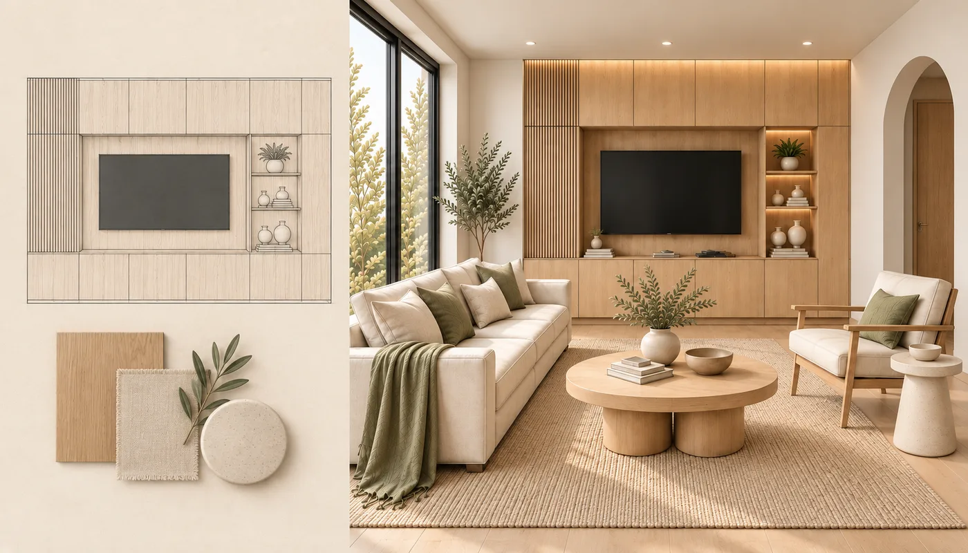 Minh họa bản vẽ mặt đứng tủ bên cạnh concept căn phòng tương ứng và các tham chiếu vật liệu.