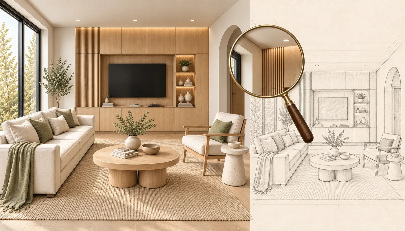 Minh họa so sánh một concept phòng đã bài trí nội thất với bản phác thảo ban đầu qua một kính lúp.