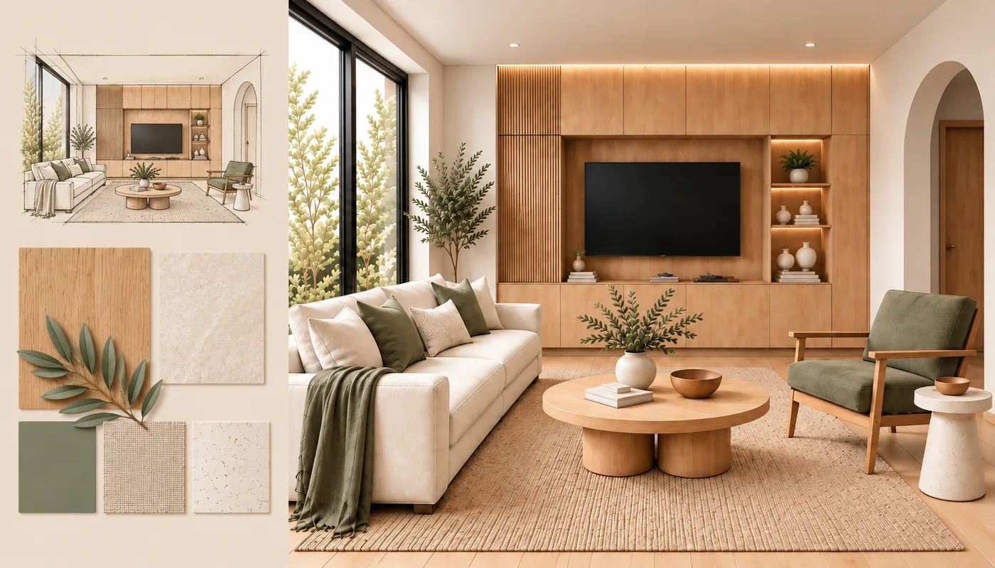 Minh họa một concept căn phòng bên cạnh bộ sưu tập mẫu vật liệu được sắp xếp gọn gàng và một bản vẽ.