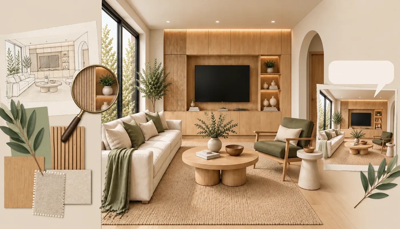 Minh họa tư liệu căn phòng, một concept đã bài trí nội thất, bước kiểm tra chuyên môn và một góc nhìn gửi khách để nhận góp ý.