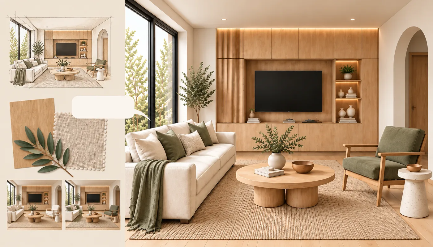 Minh họa một concept căn phòng được kết nối với bản vẽ, các tham chiếu vật liệu, góp ý và các góc nhìn thay thế.