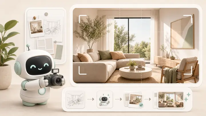 Một linh vật nhiếp ảnh AI nhỏ chuẩn bị một hình ảnh nội thất chủ đạo hoàn chỉnh