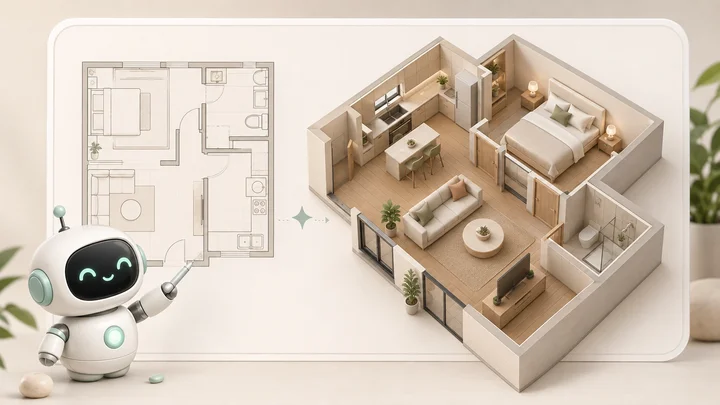Một linh vật AI nhỏ trình bày mặt bằng phẳng bên cạnh bố cục căn phòng ba chiều