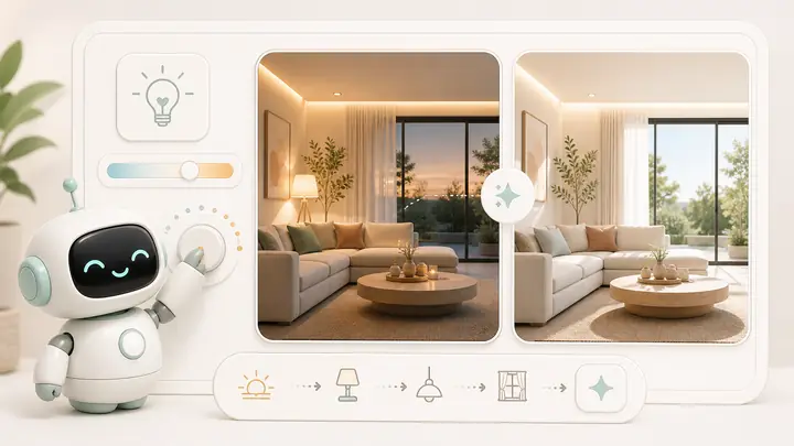 Một linh vật thiết kế AI nhỏ điều chỉnh ánh sáng trên cùng một bản xem trước căn phòng nội thất