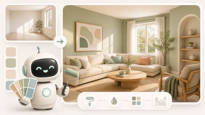 Một linh vật sơn AI nhỏ áp bản xem trước màu tường lên căn phòng của khách hàng