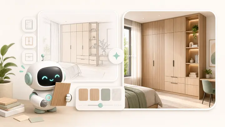 Một linh vật tấm ốp AI nhỏ biến mẫu tấm ốp thành hệ tủ hoàn chỉnh trong bản xem trước căn phòng
