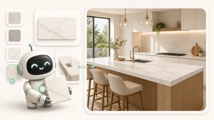 Một linh vật bề mặt AI nhỏ áp mẫu tấm đá thạch anh lên bản xem trước đảo bếp