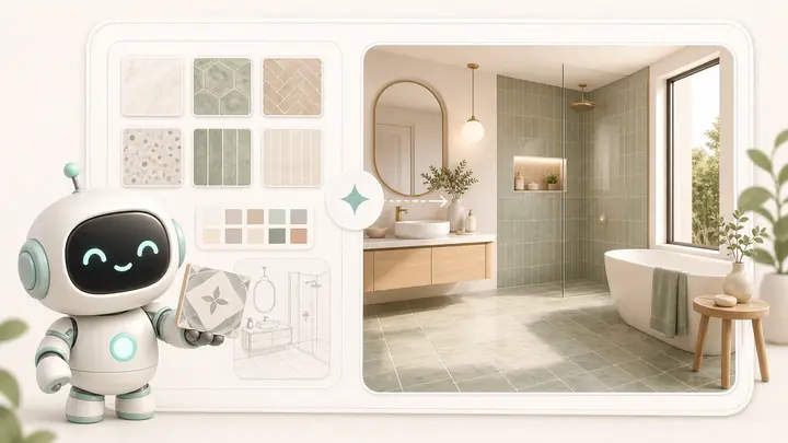 Một linh vật bề mặt AI nhỏ đặt mẫu gạch vào bản xem trước căn phòng của khách hàng
