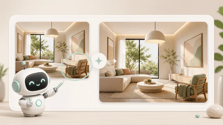 Một linh vật AI nhỏ dẫn một hình ảnh nội thất đã đánh dấu thành một bản chỉnh sửa tập trung